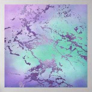 Chic Purple Blue Mermaid Watercolor Ombre Marble Poster