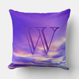 Chic Purple Blue Pink Clouds Monogram Throw Pillow