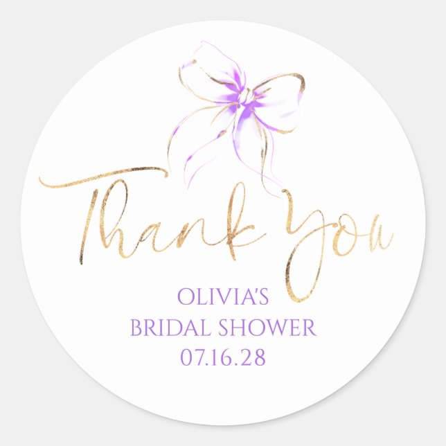 Chic Purple Bow Favours Bridal Shower Thank You  Classic Round Sticker (Front)