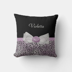 Chic Purple Cheetah Print Cute Rose Bow and Name Cushion