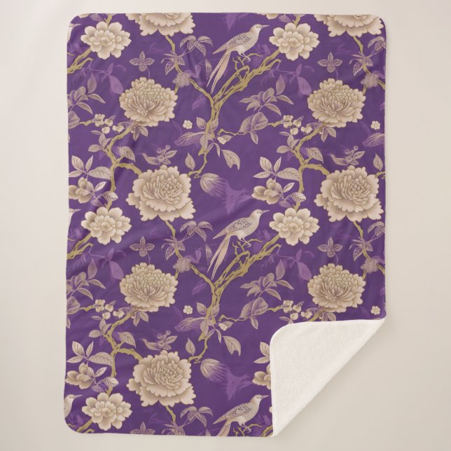 Chic purple chinoiserie sherpa blanket (Front)