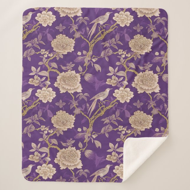Chic purple chinoiserie sherpa blanket (Front)