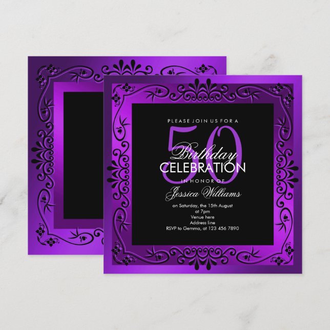 Chic Purple Decorative Framed 50th Birthday Invitation (Front/Back)