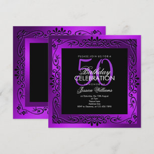 Chic Purple Decorative Framed 50th Birthday Invitation