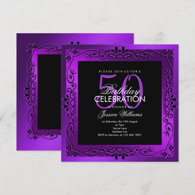 Chic Purple Decorative Framed 50th Birthday Invitation (Front/Back)