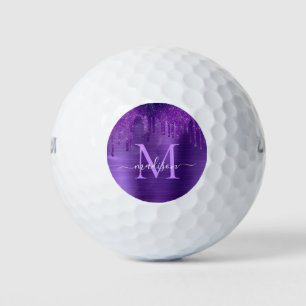 Chic Purple Dripping Glitter Brush Metal Monogram  Golf Balls
