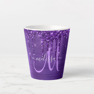 Chic Purple Dripping Glitter Brush Metal Monogram  Latte Mug