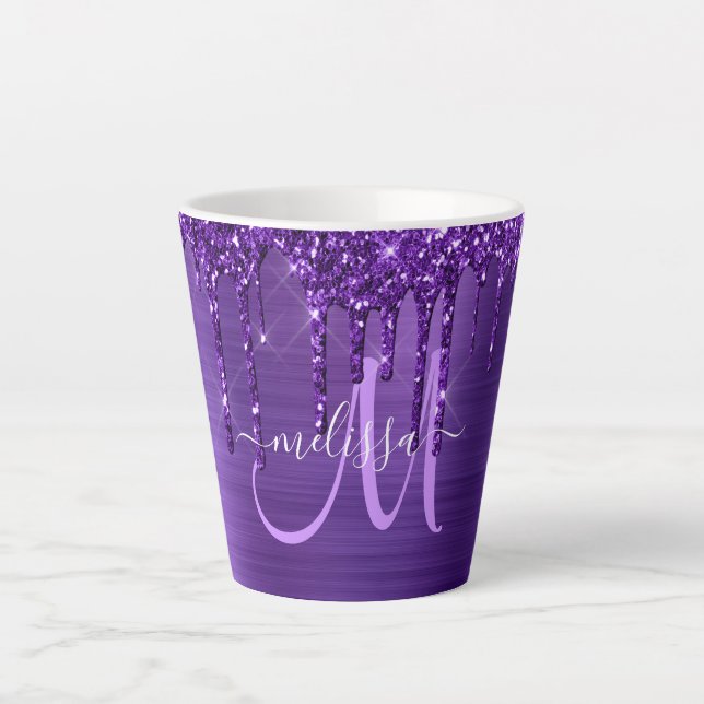 Chic Purple Dripping Glitter Brush Metal Monogram  Latte Mug (Front)