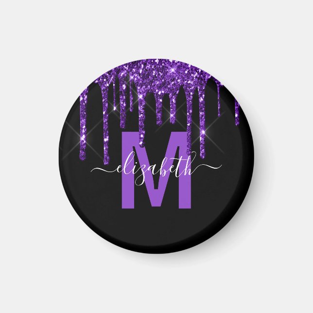 Chic Purple Dripping Glitter Brush Metal Monogram Magnet (Front)