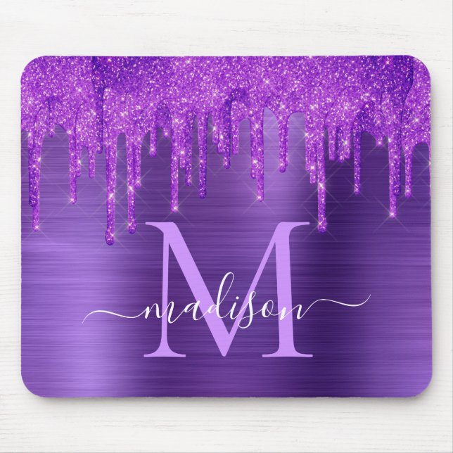 Chic Purple Dripping Glitter Brush Metal Monogram Mouse Mat (Front)