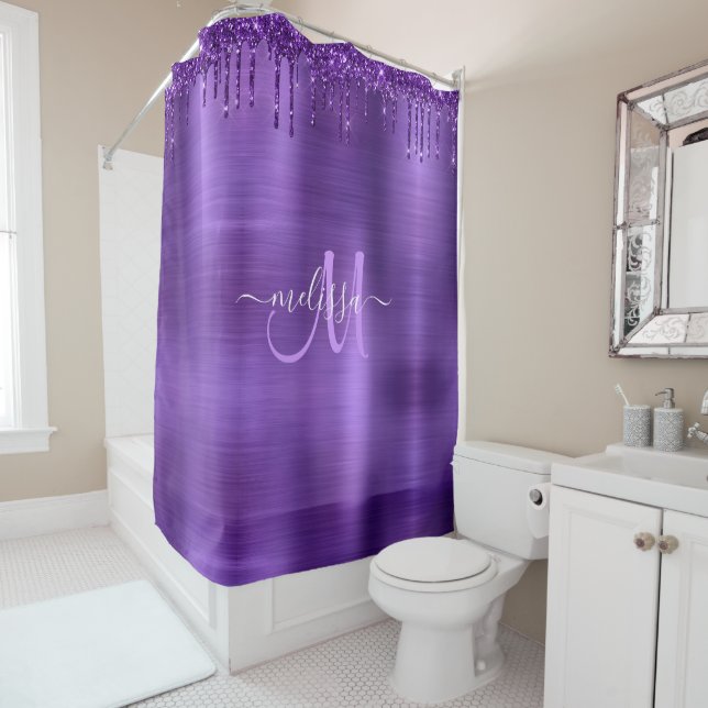 Chic Purple Dripping Glitter Brush Metal Monogram Shower Curtain (In Situ)