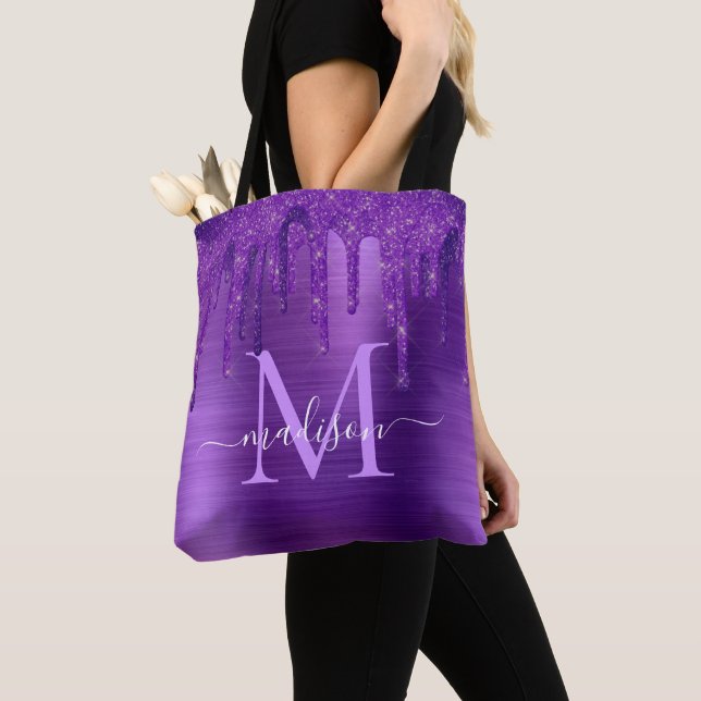 Chic Purple Dripping Glitter Brush Metal Monogram Tote Bag (Close Up)