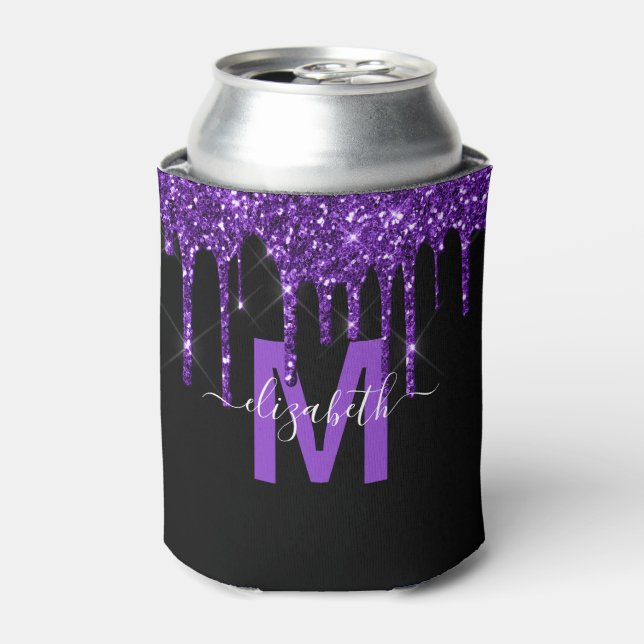 Chic Purple Dripping Glitter Monogram Name Can Cooler (Can Front)