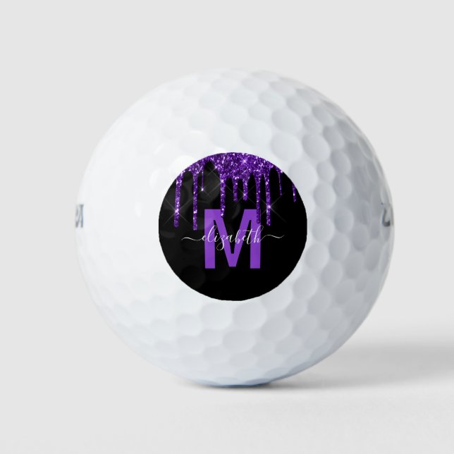 Chic Purple Dripping Glitter Monogram Name Golf Balls (Front)