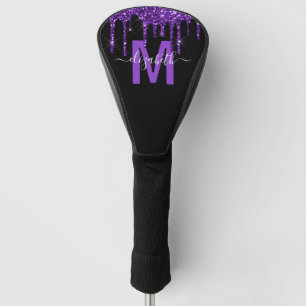 Chic Purple Dripping Glitter Monogram Name Golf Head Cover