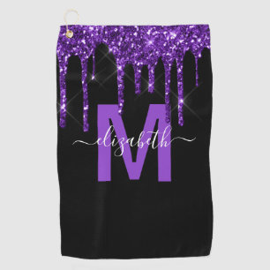 Chic Purple Dripping Glitter Monogram Name Golf Towel