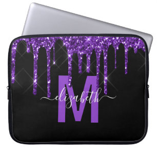 Chic Purple Dripping Glitter Monogram Name Laptop Sleeve