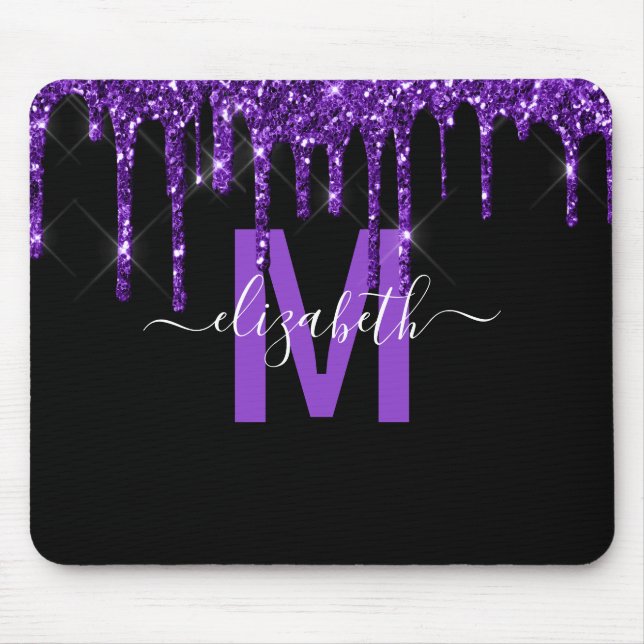Chic Purple Dripping Glitter Monogram Name Mouse Mat (Front)