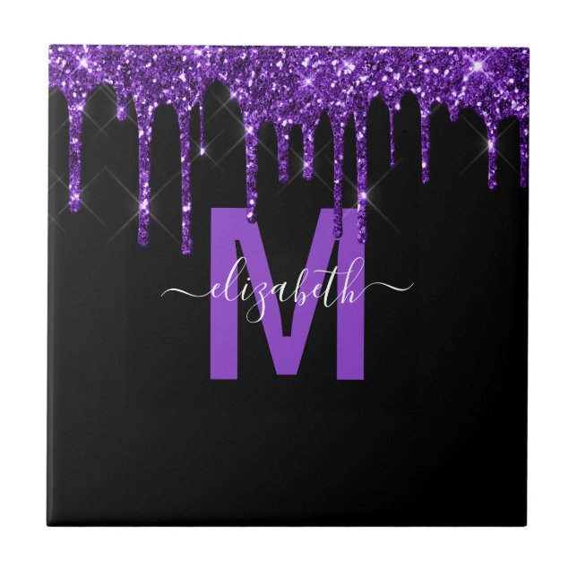 Chic Purple Dripping Glitter Monogram Name Tile (Front)