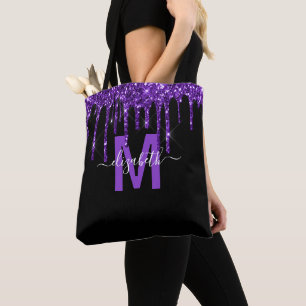 Chic Purple Dripping Glitter Monogram Name Tote Bag