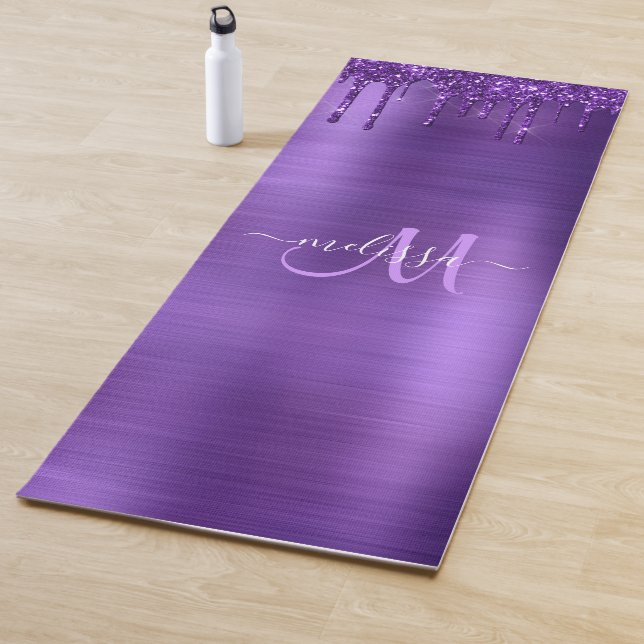 Chic Purple Dripping Glitter Monogram Name Yoga Mat (In Situ)