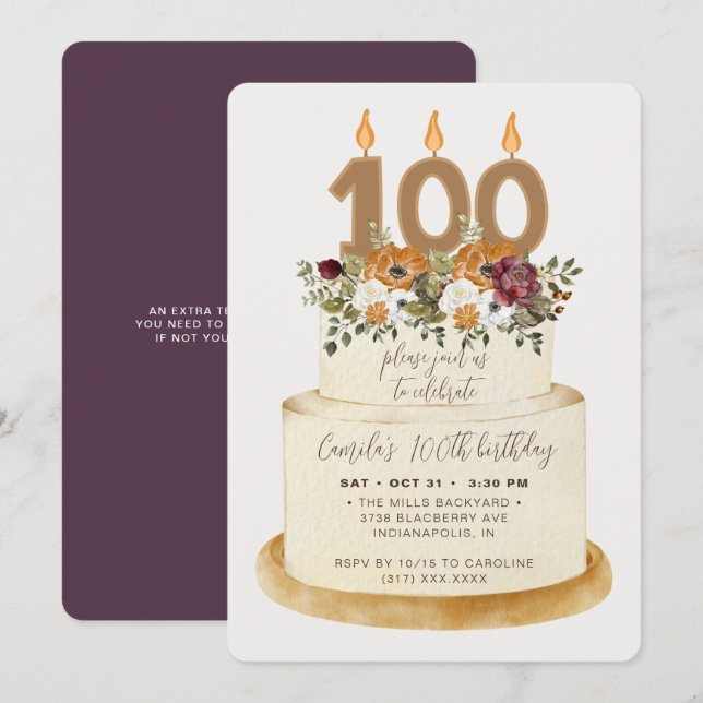 Chic Purple Fall Autumn 100th Birthday Cake Invitation (Front/Back)