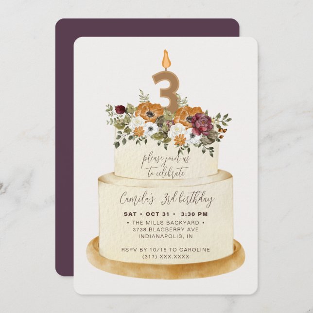 Chic Purple Fall Autumn 3rd Birthday Cake Invitation (Front/Back)