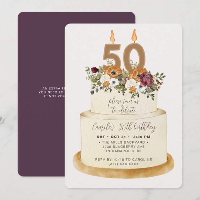 Chic Purple Fall Autumn 50th Birthday Cake Invitation (Front/Back)