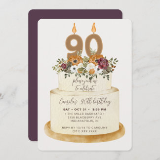 Chic Purple Fall Autumn 90th Birthday Cake Invitation