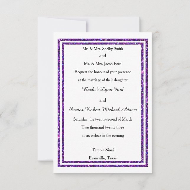 Chic Purple Faux Glitter Trim - 3x5 Wedding Invite (Front)