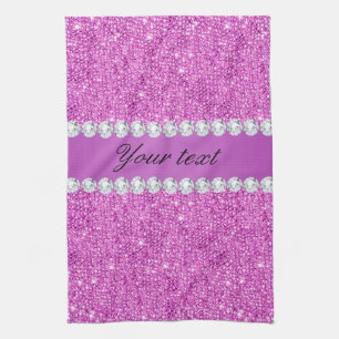 Chic Purple Faux Sequins and Diamonds Tea Towel