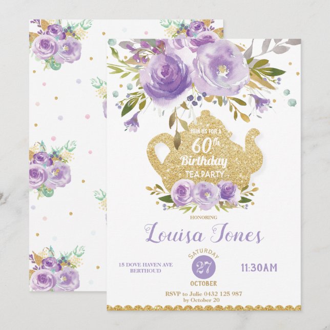 Chic Purple Floral 60th Birthday Tea Party Any Age Invitation (Front/Back)