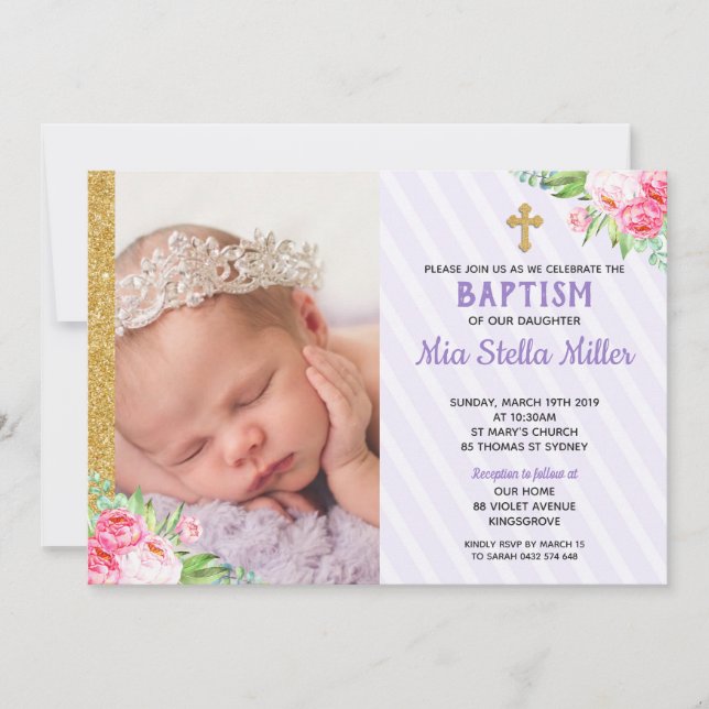 Chic Purple Floral Baptism Christening Girl Photo Invitation (Front)
