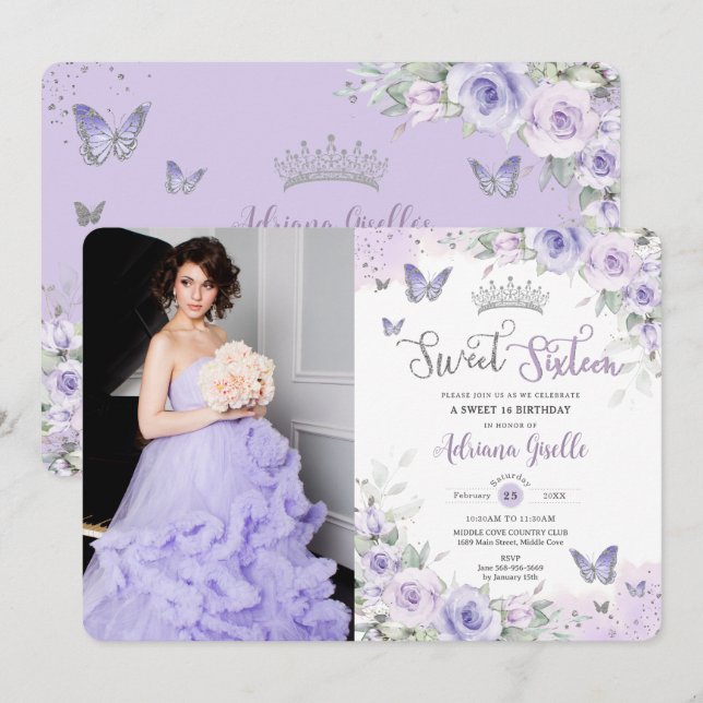 Chic Purple Floral Butterflies Sweet Sixteen Photo Invitation (Front/Back)