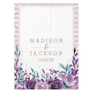 Chic Purple Floral Champagne Gold Wedding Monogram Tablecloth