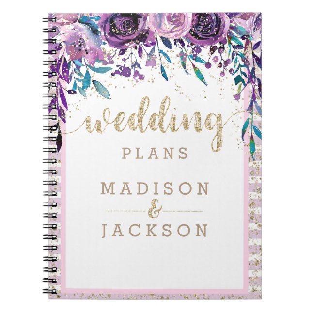 Chic Purple Floral Champagne Gold Wedding Planner Notebook (Front)
