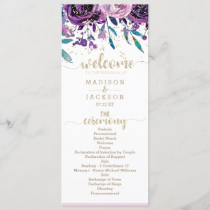 Chic Purple Floral Champagne Gold Wedding Program Programme