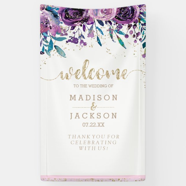 Chic Purple Floral Champagne Gold Wedding Welcome Banner (Vertical)