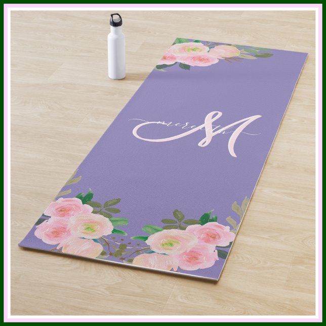 Chic Purple Floral Custom Monogram Name   Yoga Mat (Creator Uploaded)