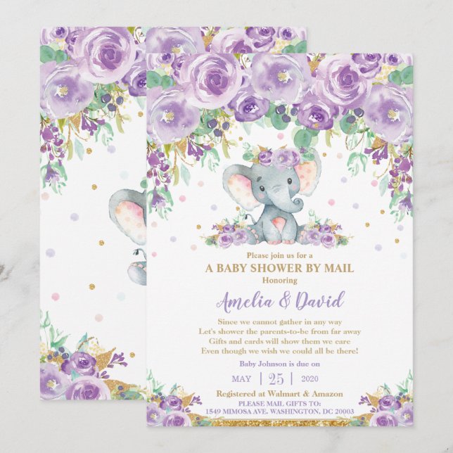 Chic Purple Floral Elephant Baby Shower by Mail Invitation (Front/Back)