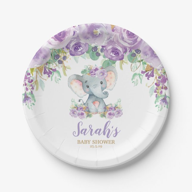 Chic Purple Floral Elephant Baby Shower Girl Paper Plate (Front)