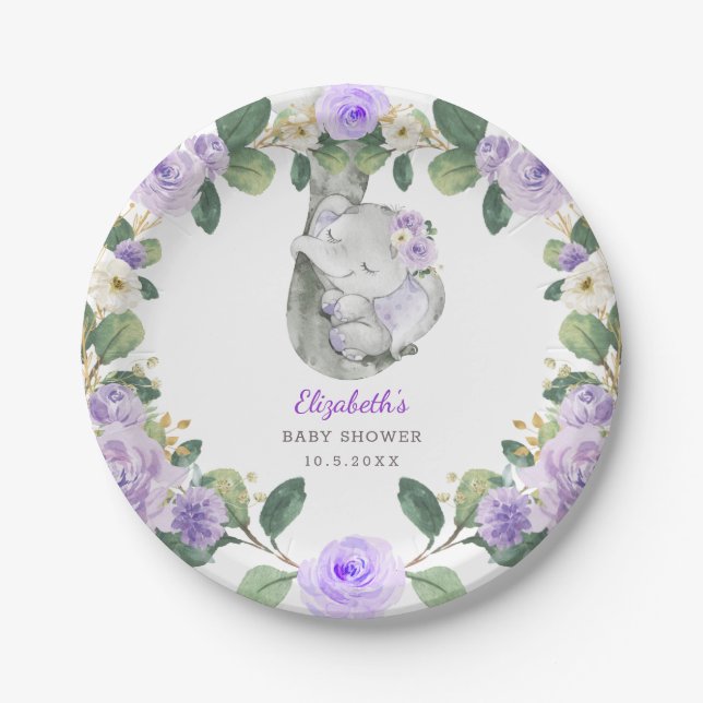 Chic Purple Floral Elephant Baby Shower Girl Paper Plate (Front)