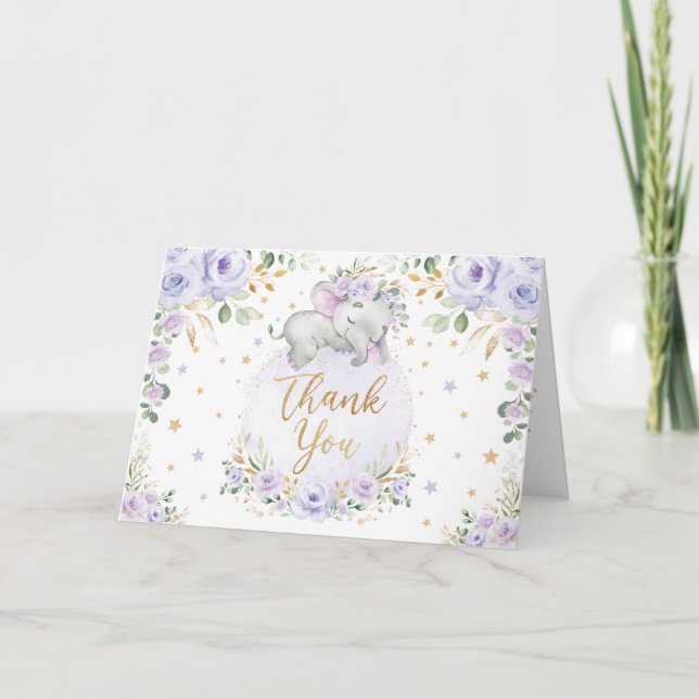 Chic Purple Floral Elephant Baby Shower Thank You Card (Front)