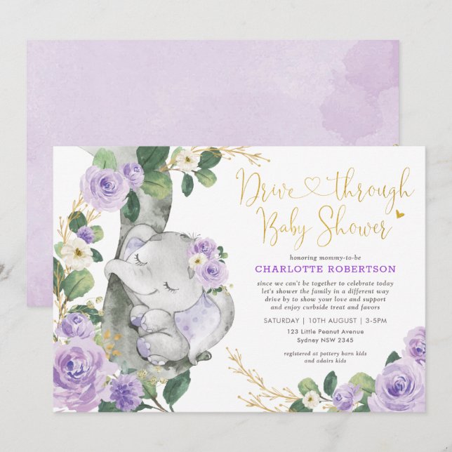 Chic Purple Floral Elephant Drive By Baby Shower Invitation (Front/Back)