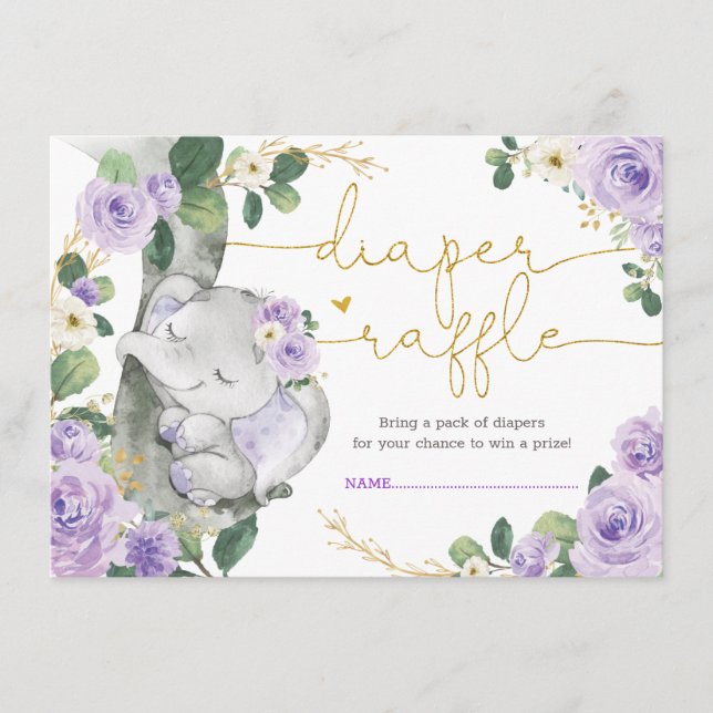 Chic Purple Floral Elephant Shower Diaper Raffle Enclosure Card (Front)