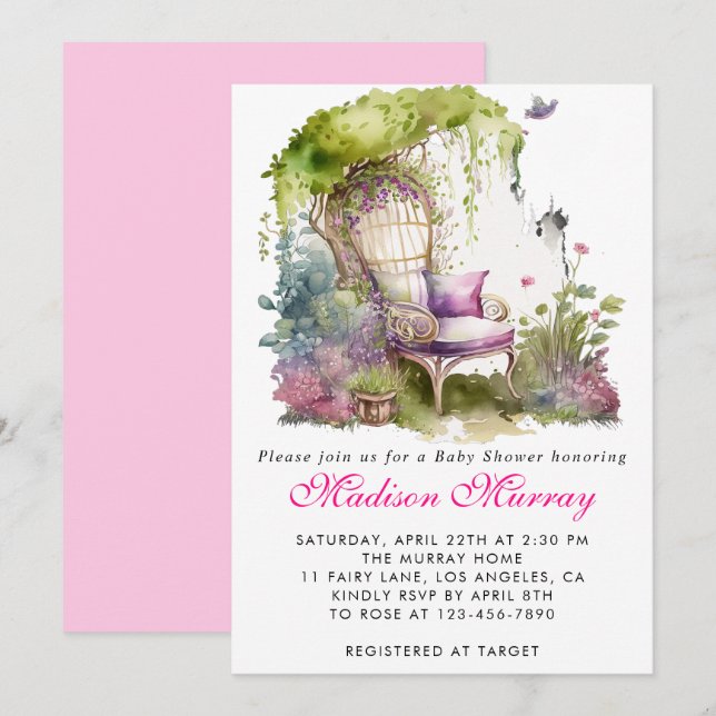 Chic Purple Floral Flower Garden Chair Baby Shower Invitation (Front/Back)