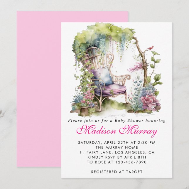 Chic Purple Floral Flower Garden Chair Baby Shower Invitation (Front/Back)