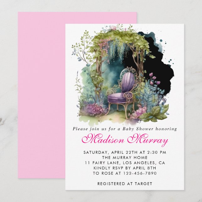 Chic Purple Floral Flower Garden Chair Baby Shower Invitation (Front/Back)