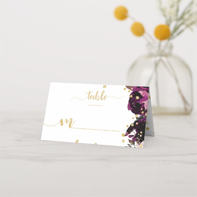 Chic Purple Floral & Gold Confetti Table Number Place Card (Front)