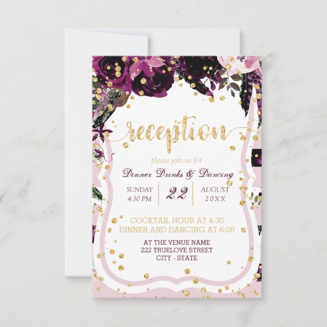 Chic Purple Floral Gold Confetti Wedding Reception Invitation (Front)